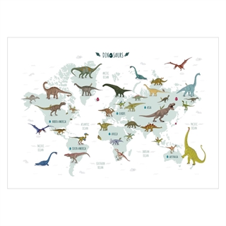Barnaffisch med världskarta och dinosaurie i fina färger