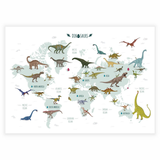 Barnaffisch med världskarta och dinosaurie i fina färger