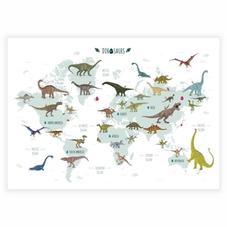 Barnaffisch - Världskarta med dinosaurie
