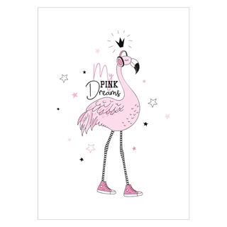 Barnaffisch med rosa flamingo och texten Mina rosa drömmar