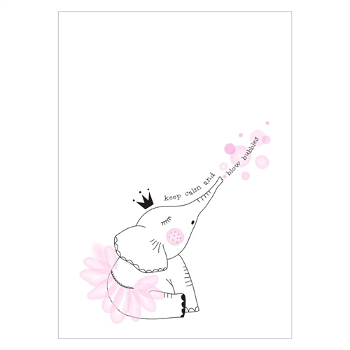Gullig barnaffisch med elefant i rosa med texten behåll lugnet och blåsa bubblor