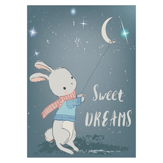 Gullig barnaffisch med liten kanin och stjärnhimmel samt orden söta drömmar
