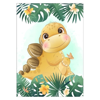 Färgglada barnaffisch med gul dinosaur i djungeln