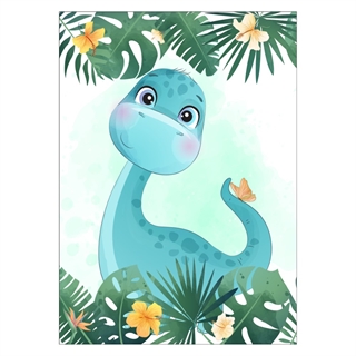 Barnaffisch med blå dinosaurie och exotisk design