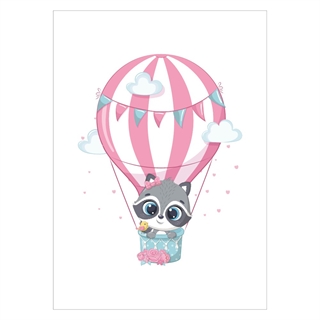 Barnaffisch med gullig tvättbjörn i rosa luftballong