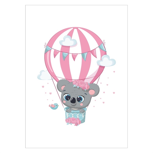 Barnaffisch med gullig koala i en rosa luftballong