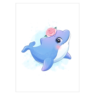Barnaffisch med delfin och blomma på huvudet
