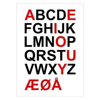 Affisch med svarta bokstäver och röda vokaler