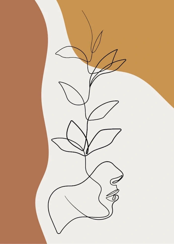 Konstnärlig och abstrakt motivaffisch med ritning av ansikte och blomma