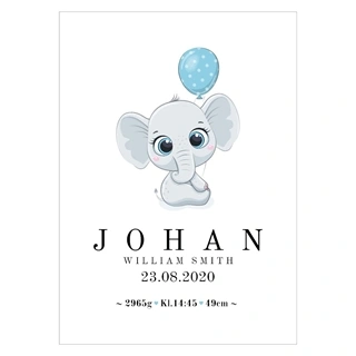 Födelsebräda med en bedårande liten elefant som håller en blå ballong. Affischen har plats för namn, datum, höjd och vikt.