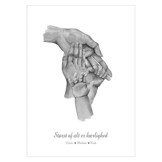 Trebarnsmamma - köp en vacker affisch online idag. Bedårande affisch med illustration av fyra händer och utrymme för text.
