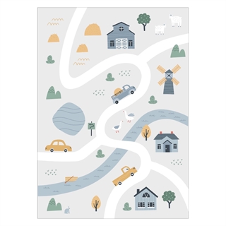 Affisch med bykarta med hus och bilar