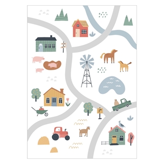 Affisch med bykarta med hus och djur