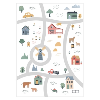 Affisch med bykarta med hus och vägar 