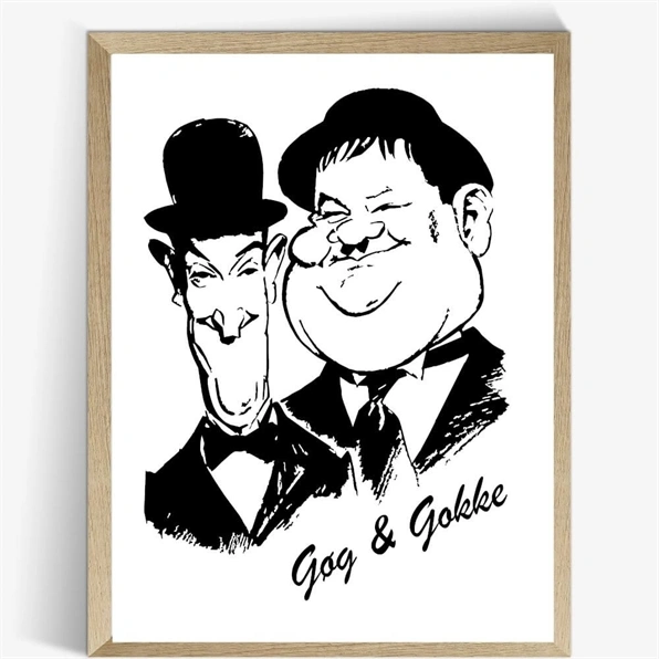 Affisch - Gök och Gokke. Affischen är i svartvitt med en ytterst vacker karikatyr av de två populära komikerna.