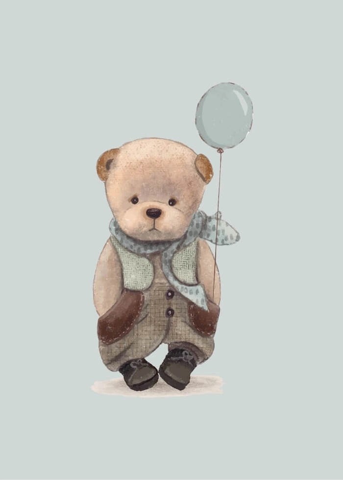 Affisch med söt nalle och en ljusblå ballong