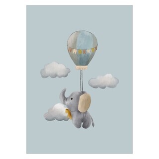 Affisch med söt elefant som flyger i luftballong på blå bakgrund