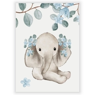 Söt akvarell barnaffisch med babyelefant och blommor