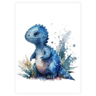 Akvarellaffisch med blå dinosaurie