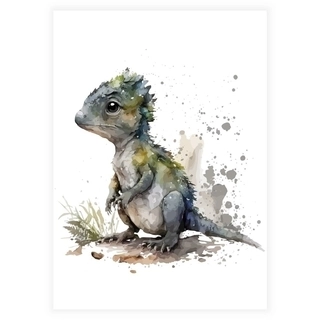Akvarellaffisch med grå dinosaurie