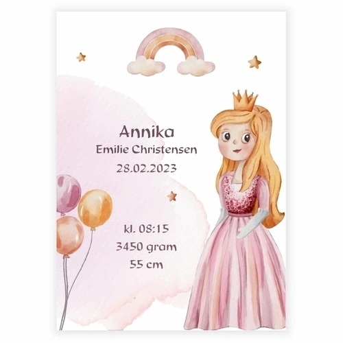 Födelsekort med prinsessa, regnbåge och stjärna
