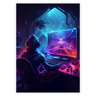 Cyberpunk poster - Spelare som spelar på PC