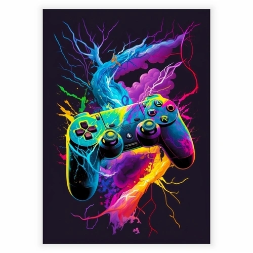 Videospelskontroller affisch med färgstänk