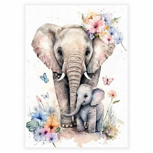Akvarellaffisch med en elefantmamma och ungar med blommor
