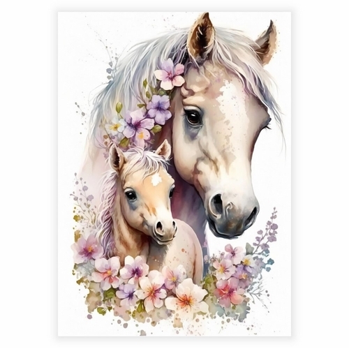 Unik akvarellaffisch med en hästmamma och unga