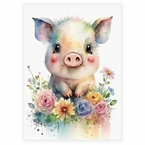 Akvarell blommor affisch med en liten gris