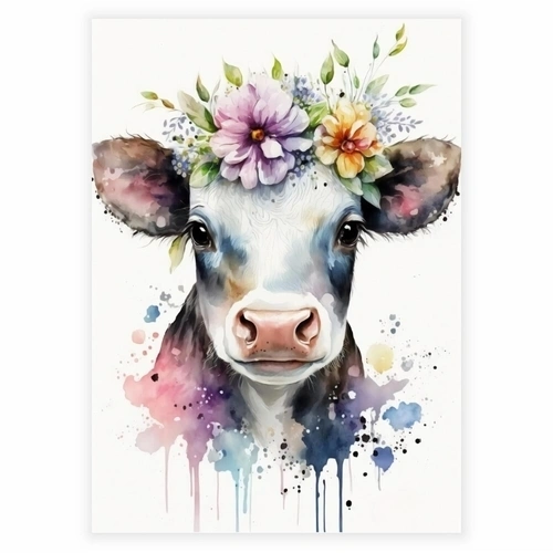 Akvarell blommor affisch med en liten kalv