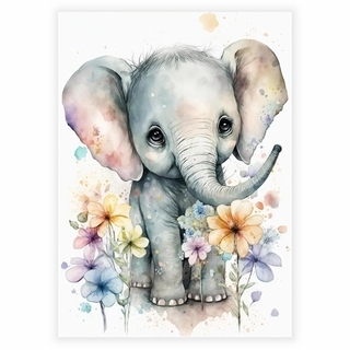 Blommig affisch med liten elefant