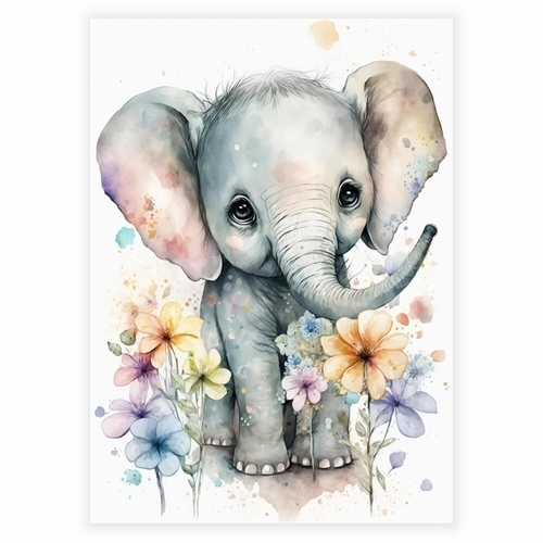 Akvarell blommig affisch med en liten elefant
