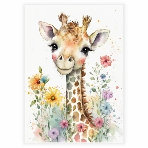 Akvarell blommor affisch med en liten giraff