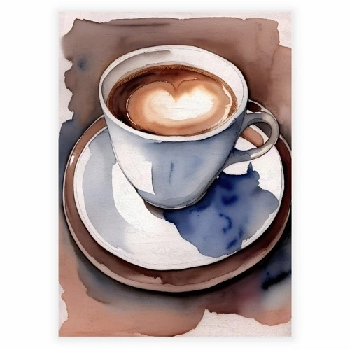 Affisch i akvarell med en kaffekopp i vackra bruna nyanser med hjärtmönster