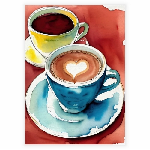 Affisch i akvarell med kaffekoppar och vackra runbruge nyanser