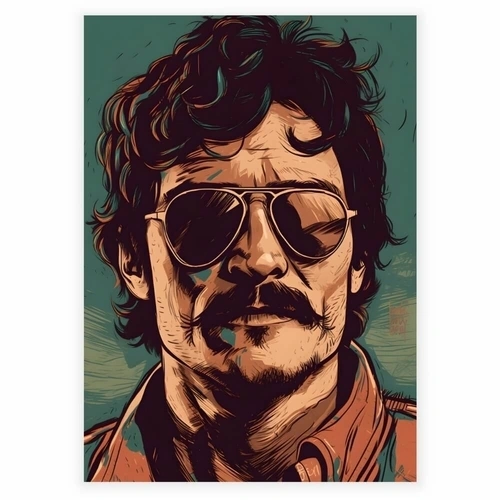 Fet illustration av en man med mustasch och solglasögon som affisch