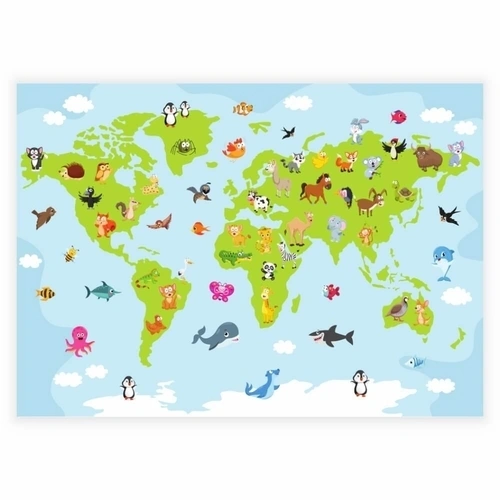 Världskarta i grönt med roliga och söta djur - affisch för barn