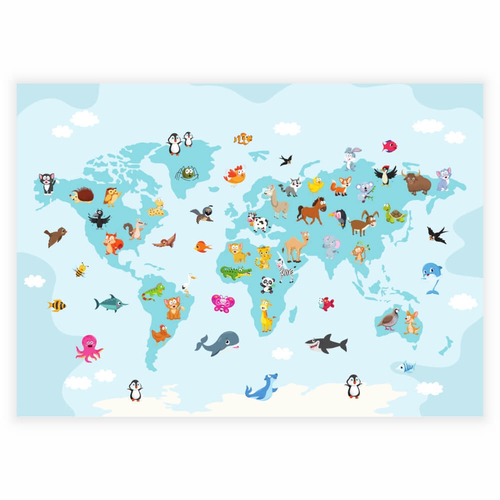 Världskarta med roliga och söta djur - affisch för barn