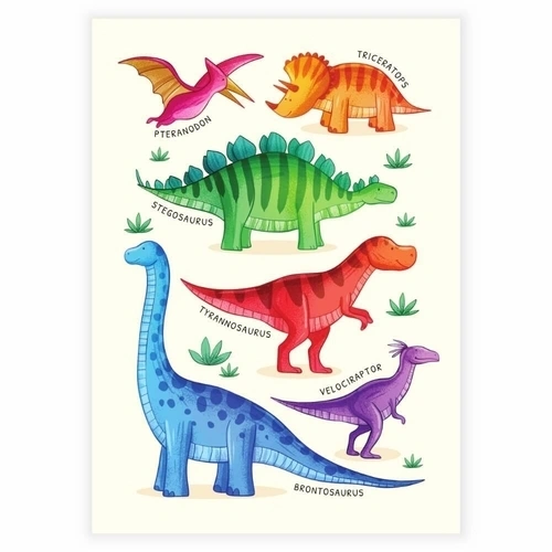 Lär dig namnen på dinosaurierna med denna vackra färgglada inlärningsaffisch