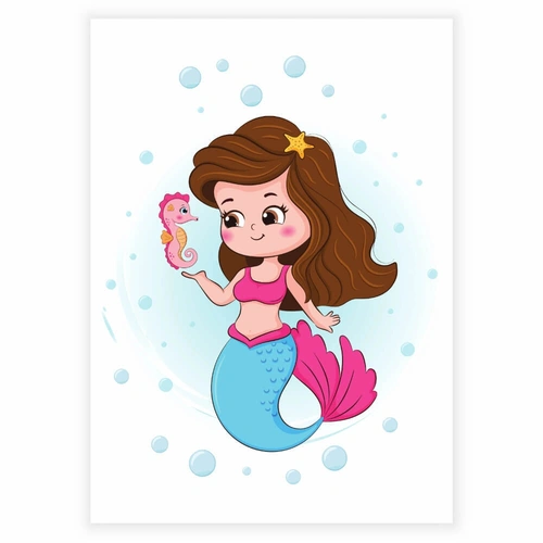 Vacker sjöjungfru med brunt hår och bubblor som barnaffisch