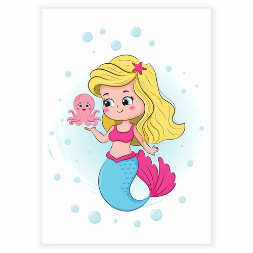 Vacker sjöjungfru med liten bläckfisk som barnaffisch