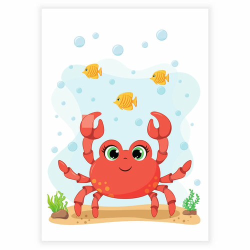 Söt krabba på sandbotten med bubblor som barnaffisch
