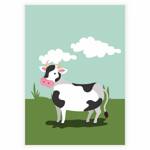 En svartvit ko på en gård - Barnaffisch