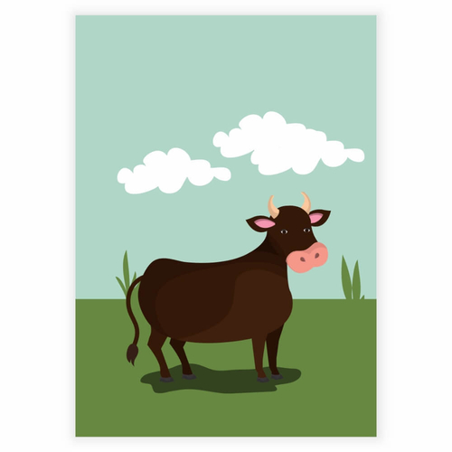 En brun ko på en gård - Barnaffisch