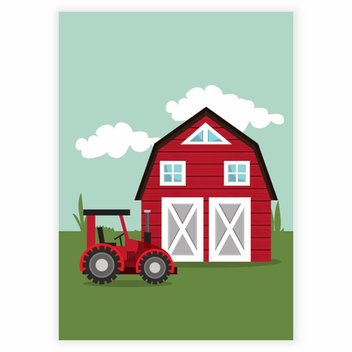 En röd traktor på en gård - Barnaffisch