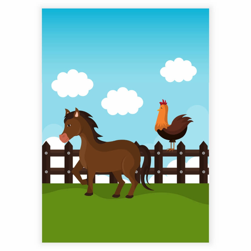 En glad brun häst med en tupp på ett staket som barnaffisch