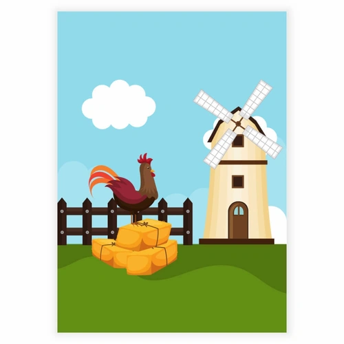 En väderkvarn och en tupp på ett staket på landet som barnaffisch