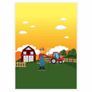 Gård, bonde och traktor - Barnaffisch