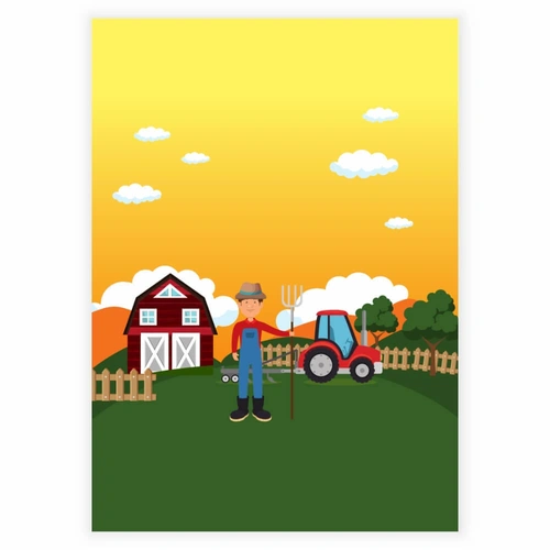Gård, bonde och traktor en tidig morgon - Barnaffisch